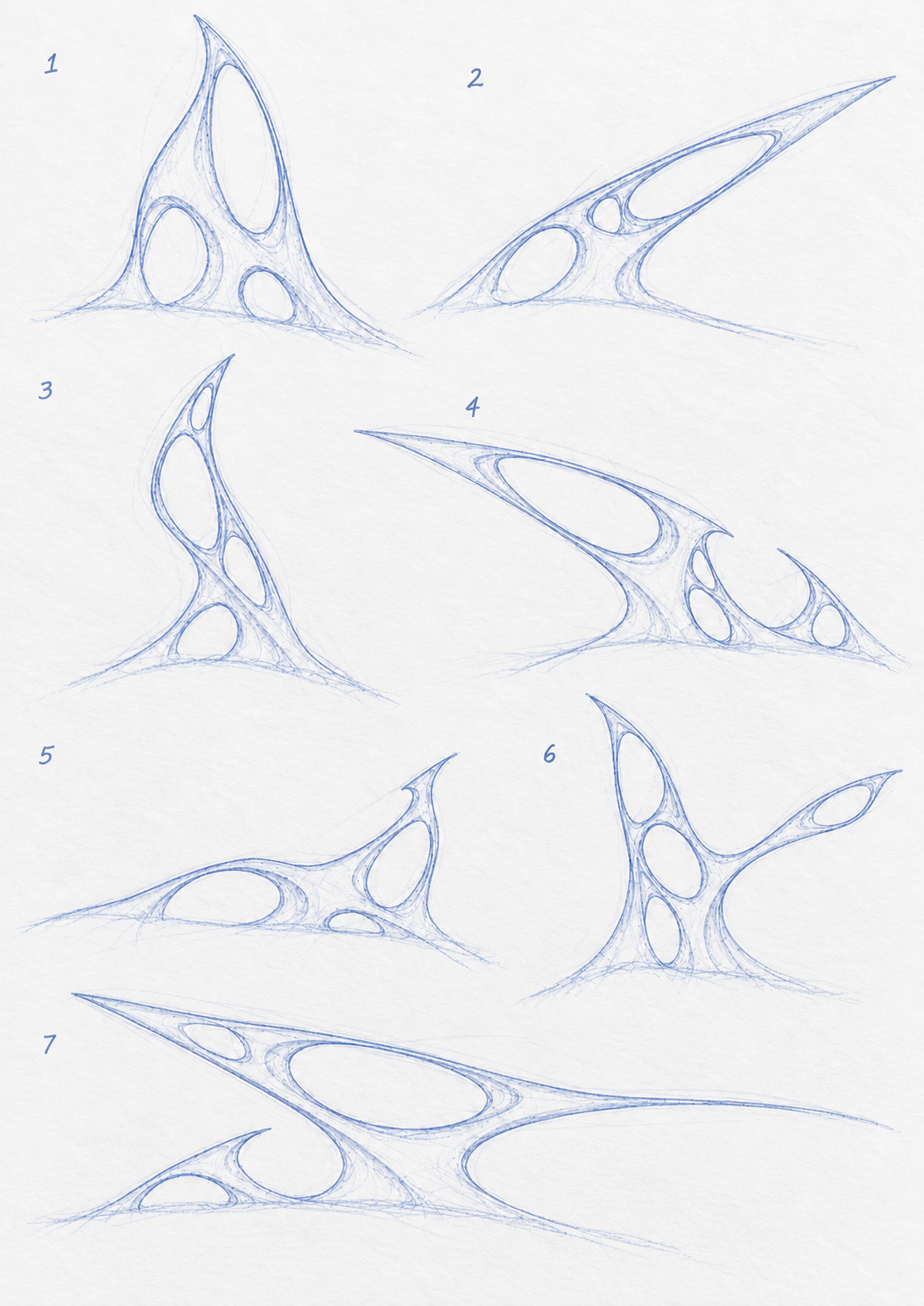 Seven numbered blue-pencil studies of open sculptural forms emerging from the ground