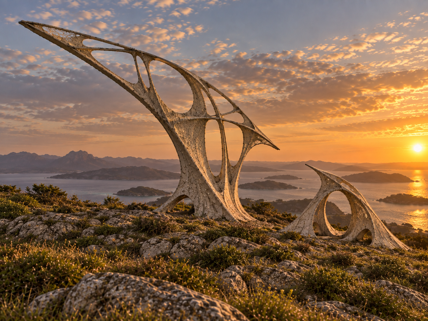 AI visualisation of the same two open, ribbed sculptural forms from the watercolour, standing in a coastal landscape at sunset