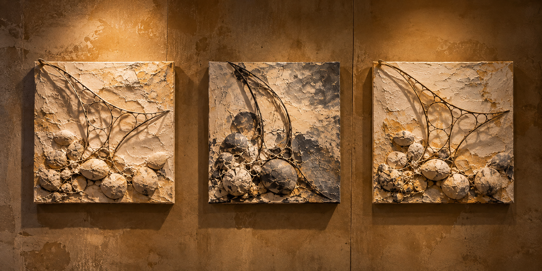 Three concept relief variations presented on a wall, with open organic structures and textured stone surfaces
